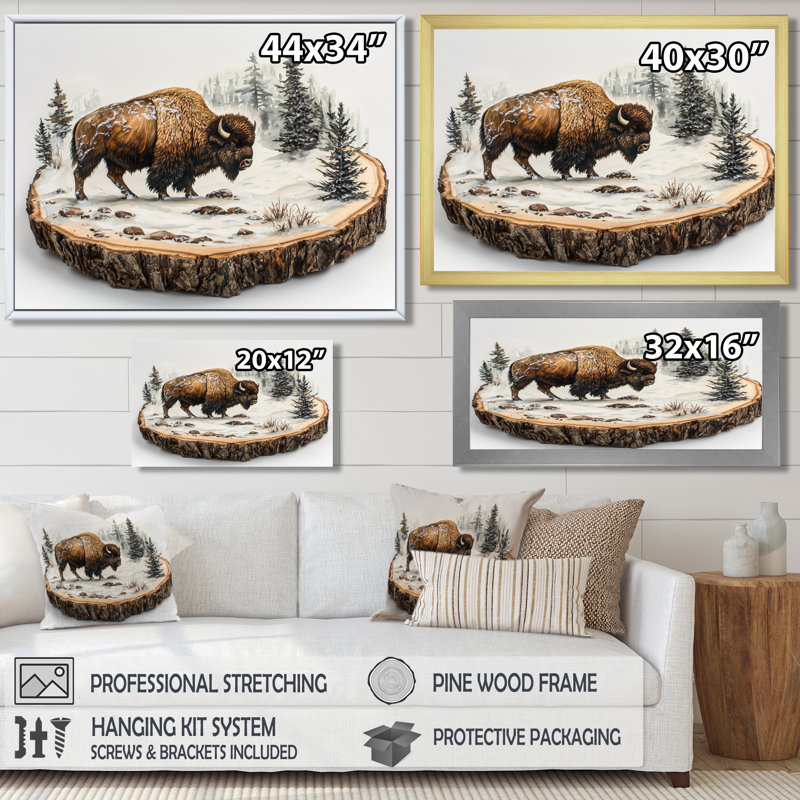 Marven Bison in Winter Forest Landscape II - Bison, art mural, H 30 po x l 40 po, Cadre simple, Noir, noir, noir, noir