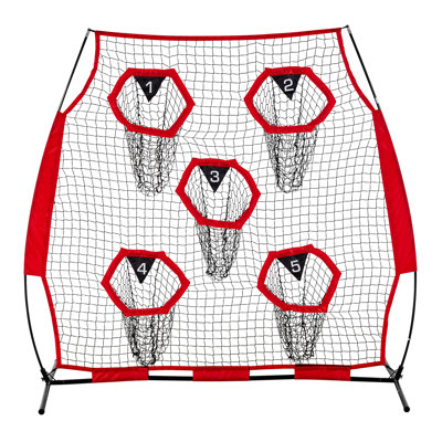7 x 7 ft Football Trainer Throwing Net, Training Throwing Target Practice Net with 5 Target Pockets, Knotless Net Includes Straps and Portable Carry Case, Improve QB Throwing Accuracy, Red