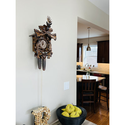  Eight Day Hunter’s Cuckoo Clock – 20 in Height – Hand-Carved Oak Leaves & Animals