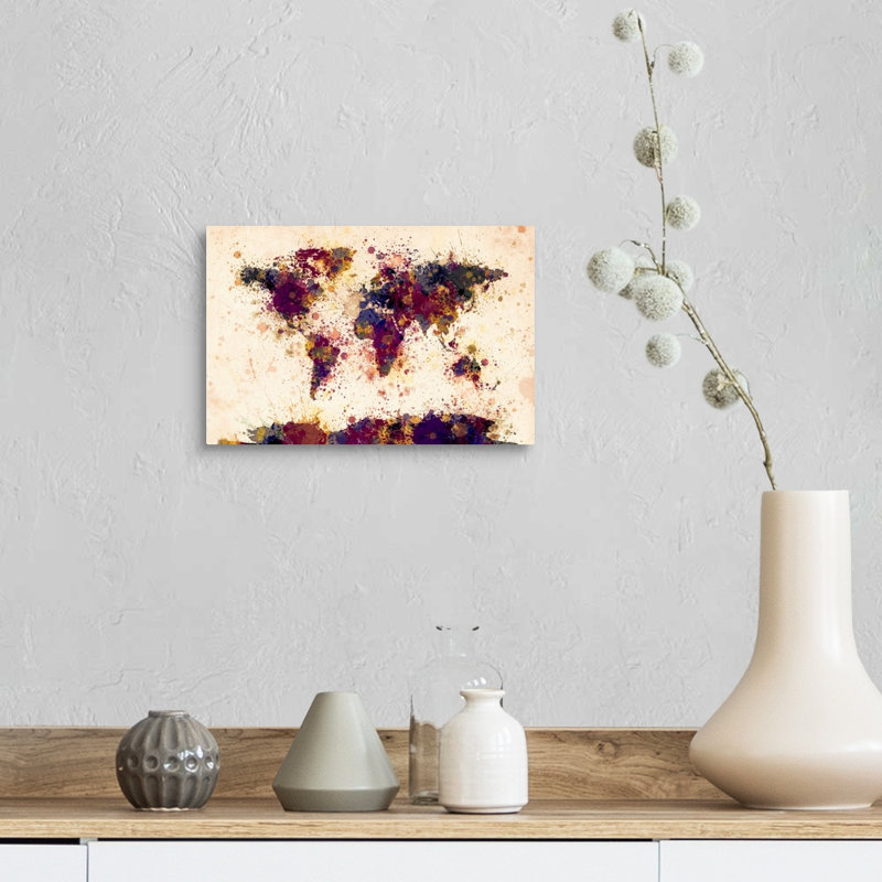 «World Map Paint Splash» par Francy, impression en jaune et bleu, H 8 po x l 12 po x P 1,5 po, Rouge / Bleu / Jaune, Toile