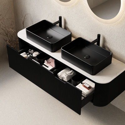 Meuble-lavabo de 60 po avec 2 lavabos rectangulaires noirs, rangement rayé flottant, tiroirs, pré-assemblé, couleur, lavabo, finition 3D, grands lavabos en céramique, cabinet de dureté, tiroir à fonctionnement en douceur,