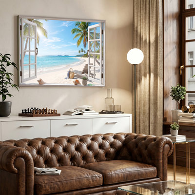 «Coastal Tropical Beach Window View Landscape», impression sur toile tendue