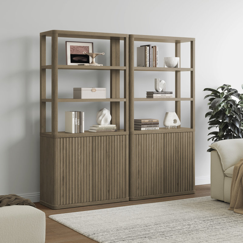 Cesiro 6-Tier Bookcase With 2 Fluted Doors And Adjustable Shelves, Gray