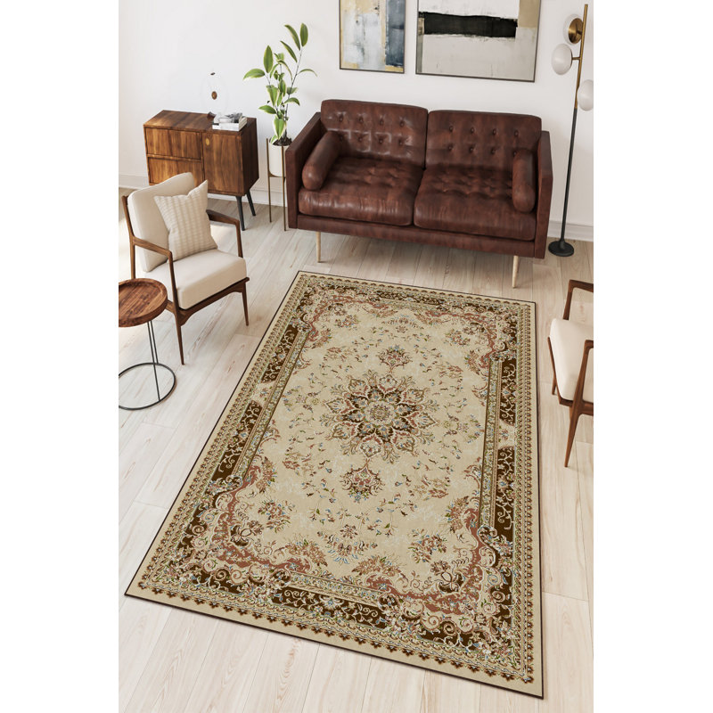 Tapis écologique, 100% polyester, 4 x 5,9 pi | Pois antibactérien et antidérapant en PVC | Impression numérique en beige, crème et brun clair | Lavable à la machine, conception durable pour le décor du salon et de la chambre à coucher