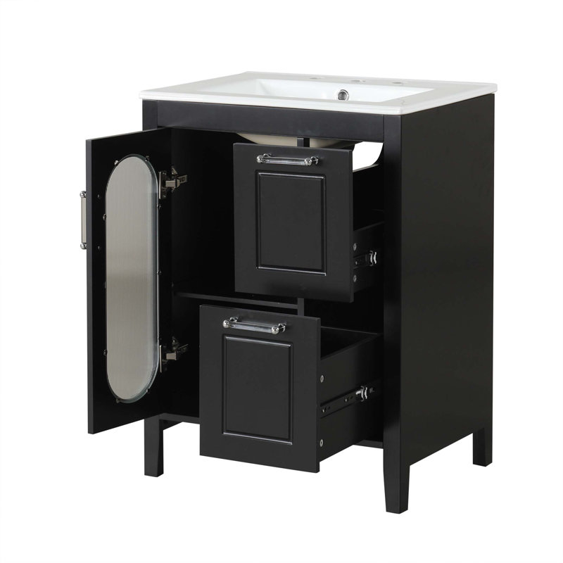 Meuble-lavabo 24 po avec lavabo, meuble-lavabo avec deux tiroirs et porte, tablette réglable, bois massif et panneau de fibres à densité moyenne