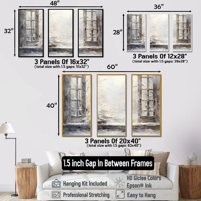 «Snow by the Winter Window View 2 - Japon», art mural, Cadre flottant doré, H 32 po x l 48 po x P 1 po
