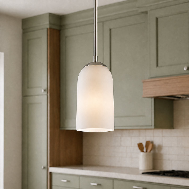 Luminaire suspendu 1 lumière avec abat-jour cylindrique en verre givré, Brushed Nickel