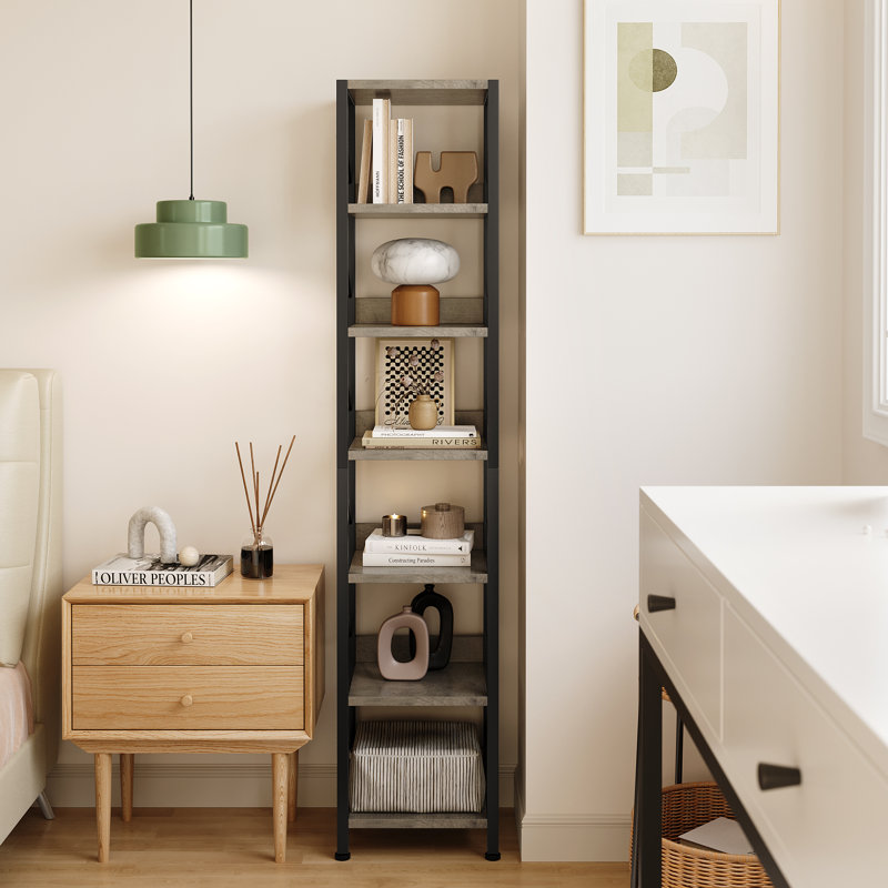 Narrow Bookshelf Tall Skinny Bookcase 6 Tier Storage Rack, Black/Gray