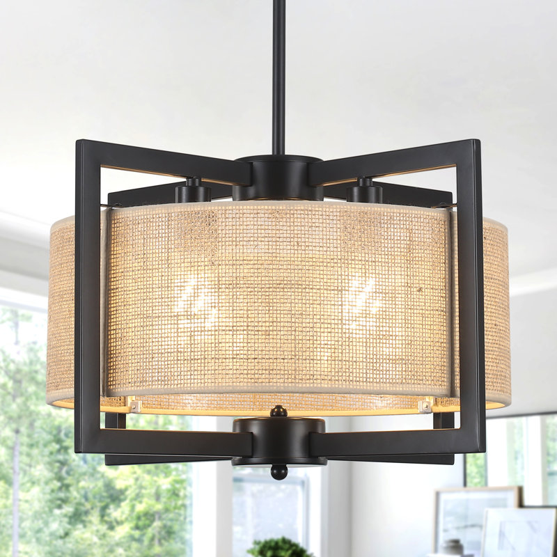 4 - Light Dimmable Farmhouse / Country Bohemian Burlap Chandelier For Living Room Dining Rooms, Matte Black
