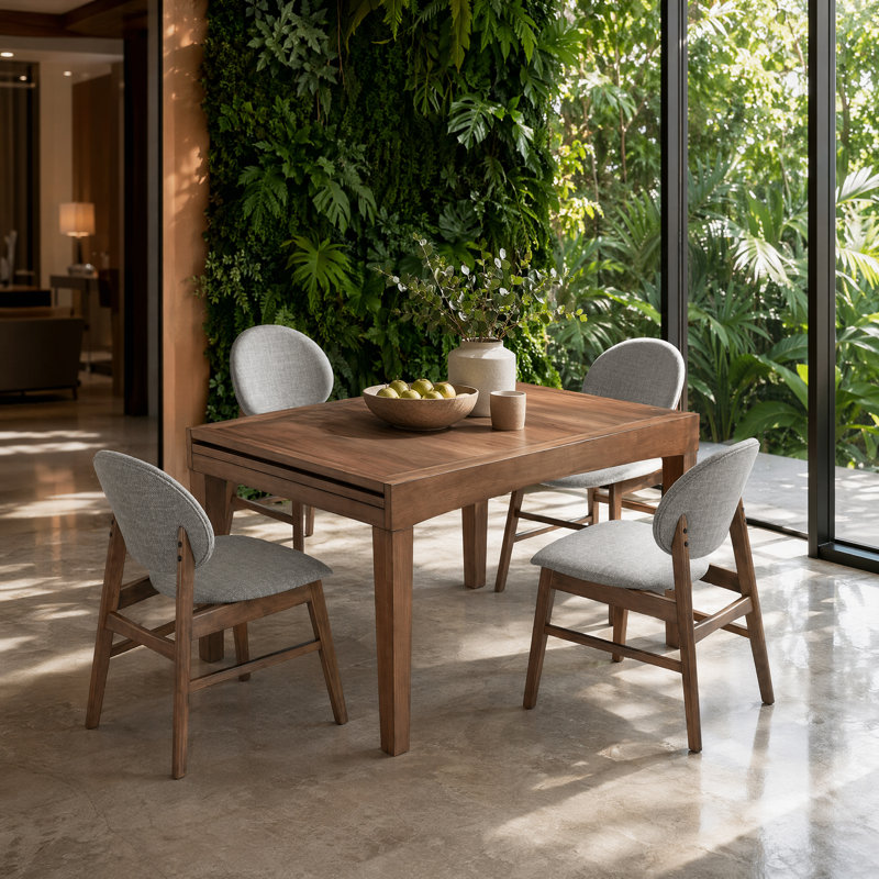 Extendable Dining Set with Upholstered Chairs, Brown / Gray, 5 Pieces: Table, 4 Chairs