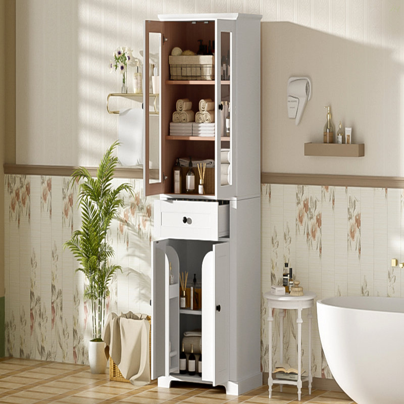 Armoire de rangement de 67,57 po de hauteur avec portes en verre trempé, tablettes réglables et tiroir - tour à linge autoportante moderne, conception à fermeture en douceur