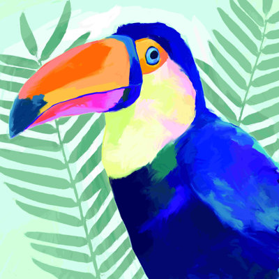 Toucan avec palmiers colorés, peinture sur toile tendue