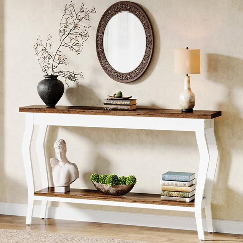 Console rétro française avec canapé très long et 2 tablettes, parfaite pour les grands canapés modulaires et les couloirs, alliant élégance et fonctionnalité