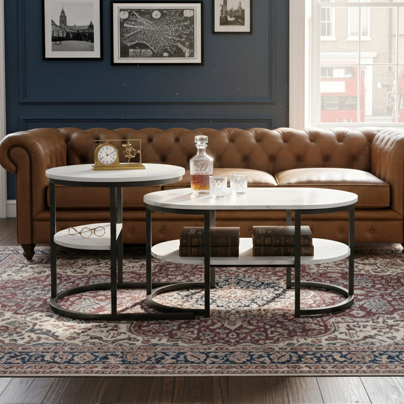 80Cm Modular Coffee Table Set (Set Of 2), Interlocking Round Side Table & Oval Table With Shelf,, Black