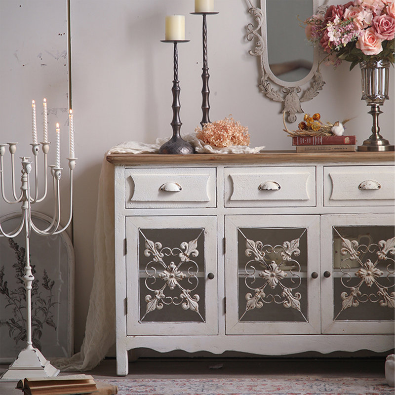 Brown White Solid Wood Iron Glass Sideboard