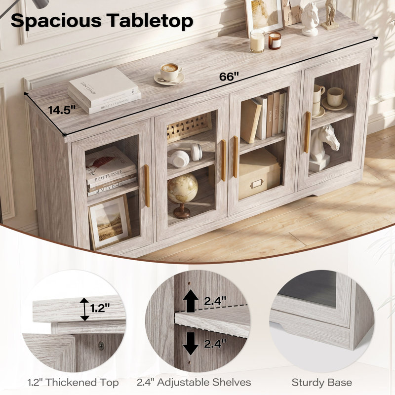 66" W Modern Sideboard with Glass Doors and Adjustable Shelves, Gray