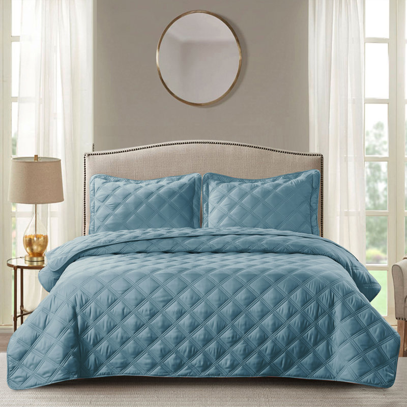3 Piece Charleston Down Alternative Quilts Set, Smoke Blue, Twin coverlet + 1 Pillow Sham