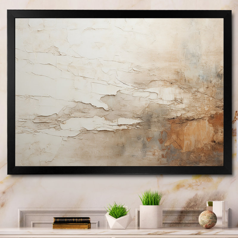 Beige And Brown Paint Fusion - Abstract Painting Canvas Wall Art, Single Picture Framed, 30" H x 40" W, Black