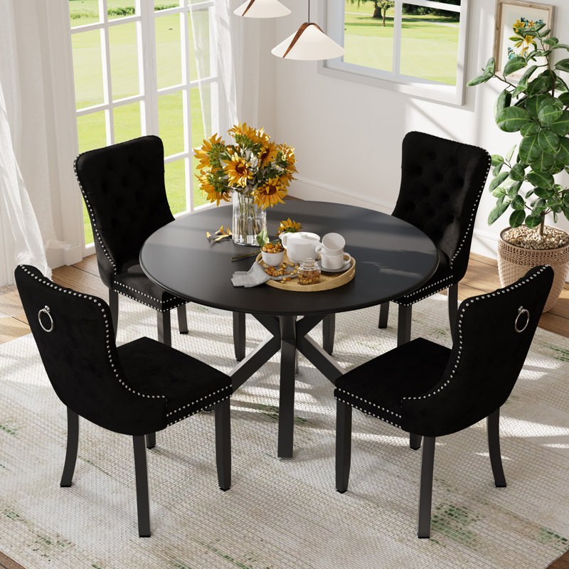 Ensemble de table et chaises de cuisine rondes pour 4, Noir, noir, noir, noir, Noir / Noir