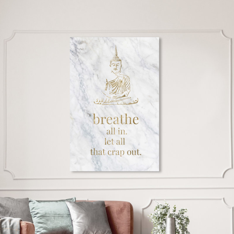 « salle de bain bouddha », art textuel sur toile, H 54 po x l 36 po x P 1,5 po