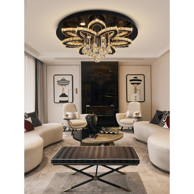 W32 Modern Crystal Chandelier Crystal Flush Mount LED Ceiling Light Fixture for Living Room Foyer Dining Room Hallway Dimmable 2700k 4500k 6000k