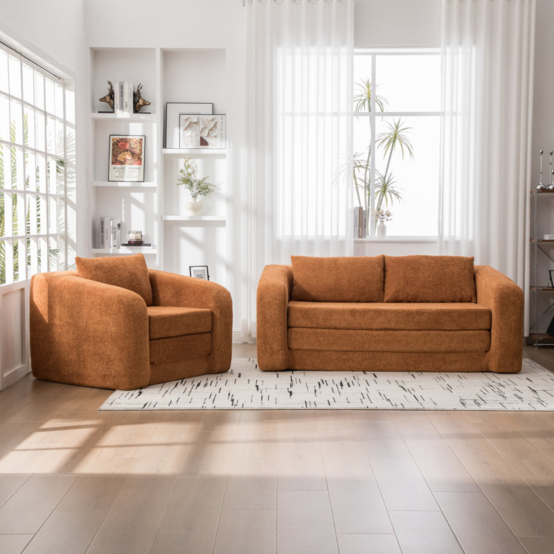 2Piece Foldable Sofa Bed Living Room Couch Set, Convertible Chenille Boneless Cloud Floor Mattress Sleeper Lounge Accent Chair With Pillow For Apartment Living Room Bedroom Dorm Guestroom, Orange