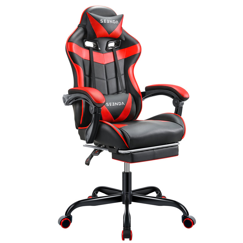 Fauteuil de jeu inclinable, ergonomique et pivotant en cuir synthétique haut dossier avec repose-pieds, Noir / Rouge