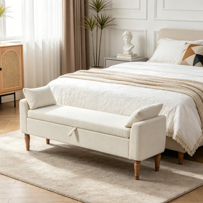 65.94"W Upholstered Storage Bench With Two Pillows and Arms,End of Bed Bench With Solid Wood Legs For Living Room,Bedroom,Entryway