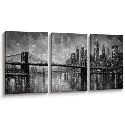 Tableau représentant la silhouette d'une ville avec un pont en noir, gris et blanc, impression giclée sur toile encadrée (3 pièces), idéal pour le bureau ou comme décoration murale.