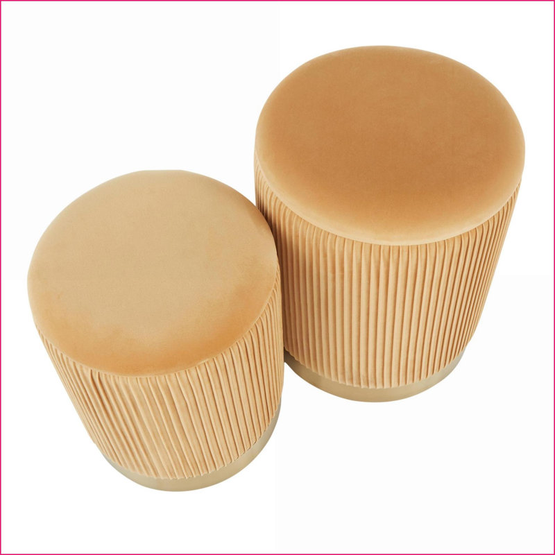 Ensemble de 2 repose-pieds Ottomans, base en velours orange plissé glamour contemporain en métal doré | Or | Métal