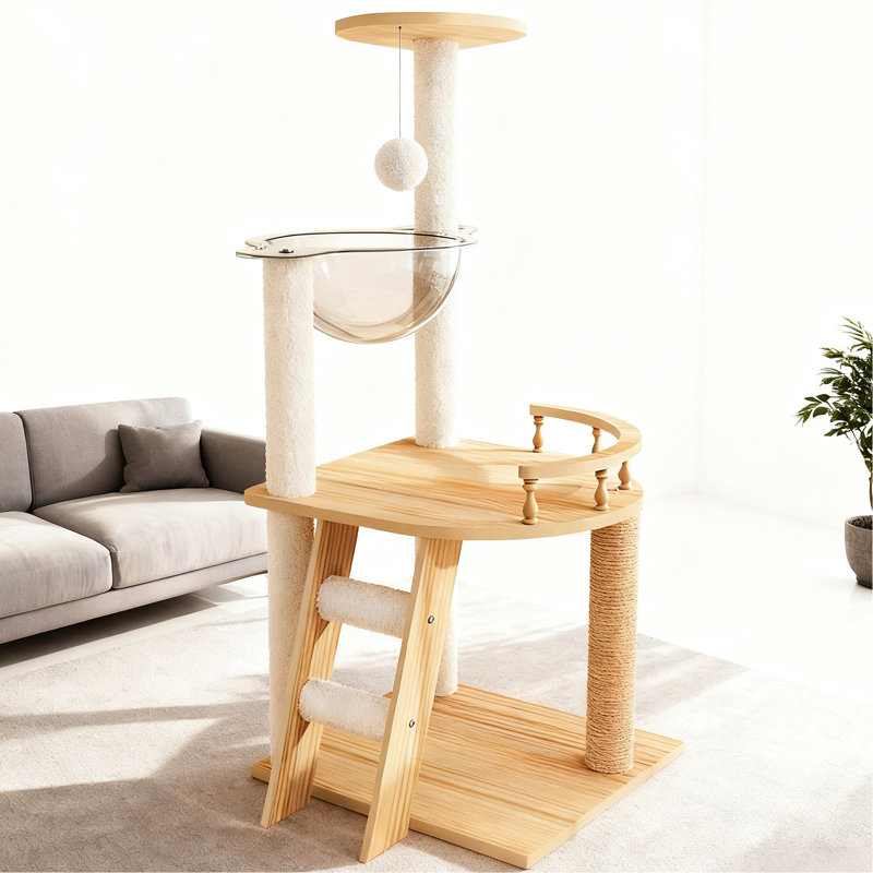 Tour à chat de 41,3 po pour l'intérieur, présentant une vision moderne en bois, - poteaux à griffes couverts, acrylique et tour de perchoir supérieure de haut niveau, de style bois raffiné, équipé d'excellentes