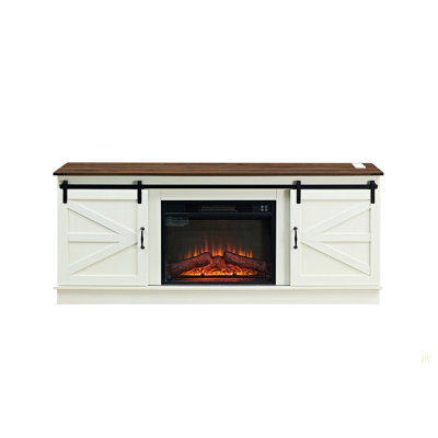 Meuble télé de style campagnard avec foyer de 23 pouces pour téléviseur 65/70/75 pouces avec prises dans un centre de divertissement moderne avec portes de grange coulissantes
