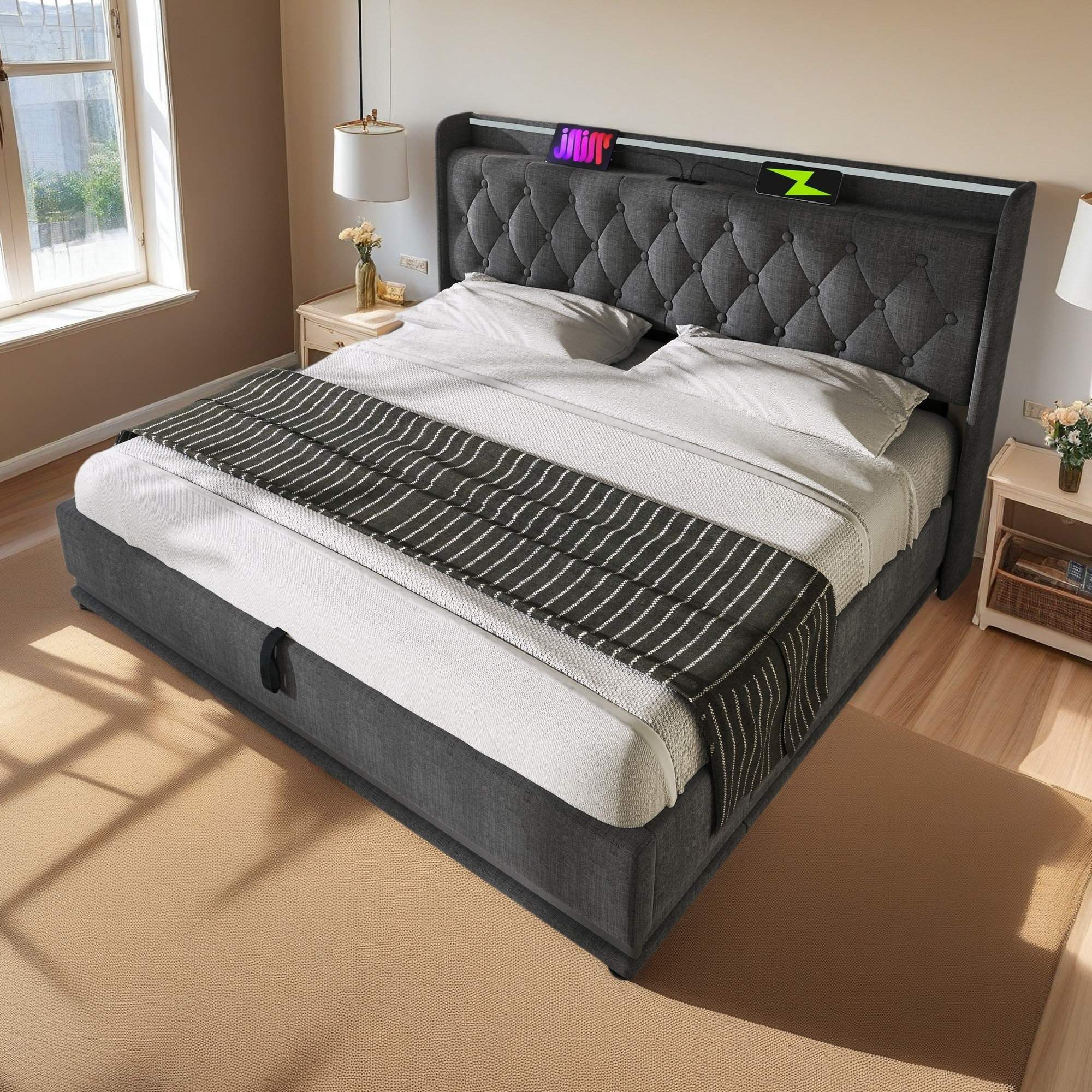 Ivy Bronx Queen Size Upholstered Bed, 360 Surround LED Function ...