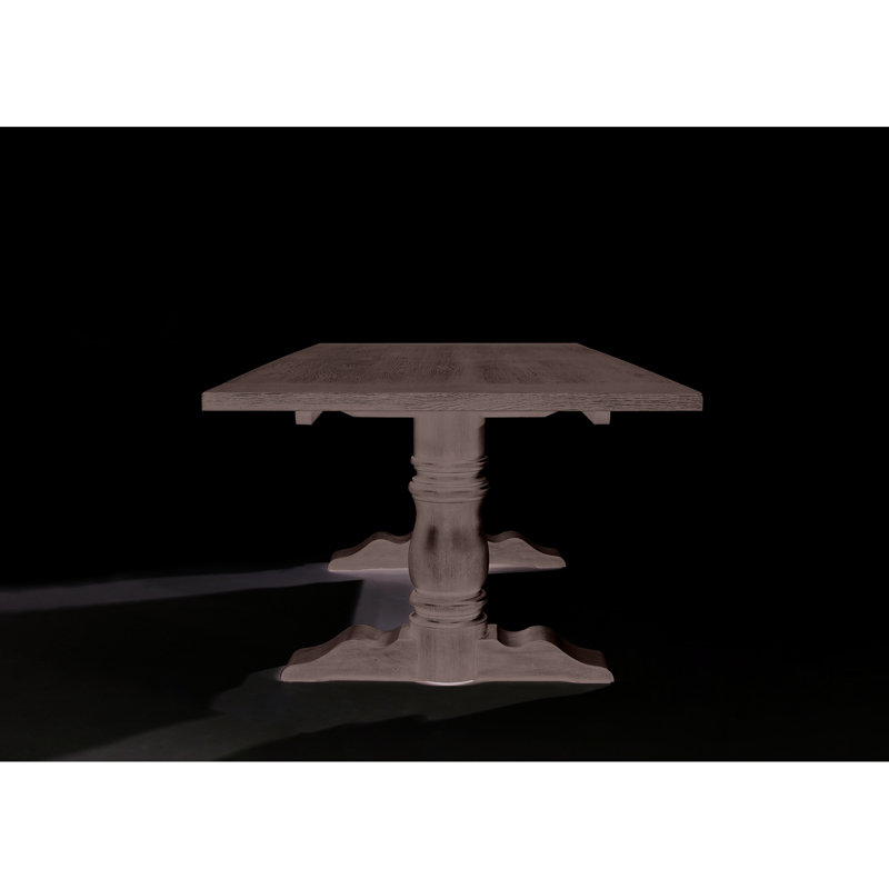 Table de salle à manger grise patinée avec plateau rectangulaire en bois massif et pieds doubles en bois