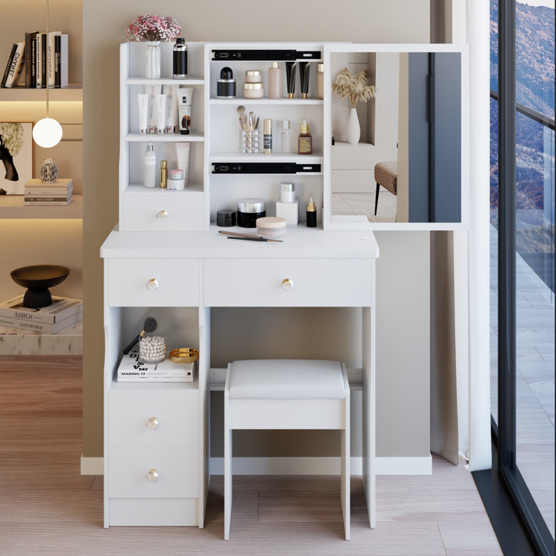 29.2" Vanity Table With Mirror And Storage For Small Space, White