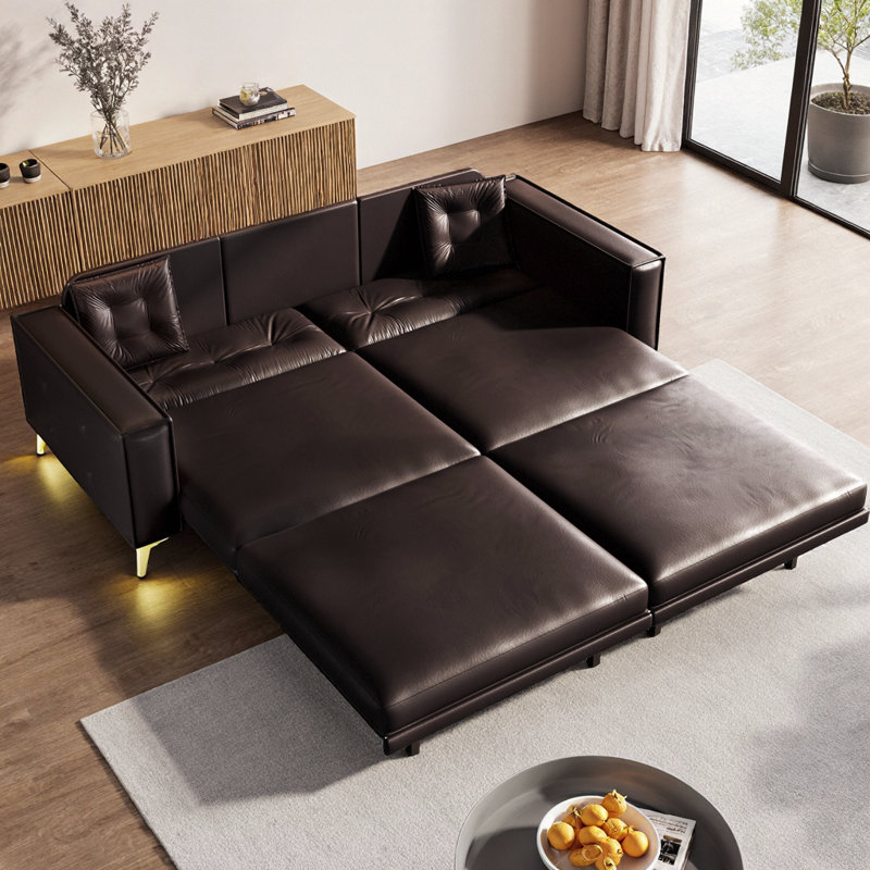 SmoothLux 92.1" King Size Pull Out Sofa Bed, 3-in-1 Faux Leather Convertible Sleeper Sofa with Tufted Design, Wide Armrests & 2 Pillows, 4-Seater Modern Couch for Living Room