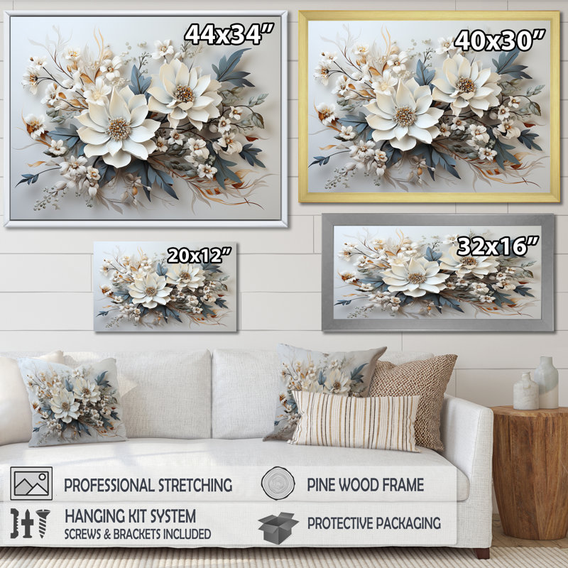 Fleurs saisonnières charme en hiver I - art mural de fleurs saisonnières, H 24 po x l 32 po x P 1 po, Toile tendue
