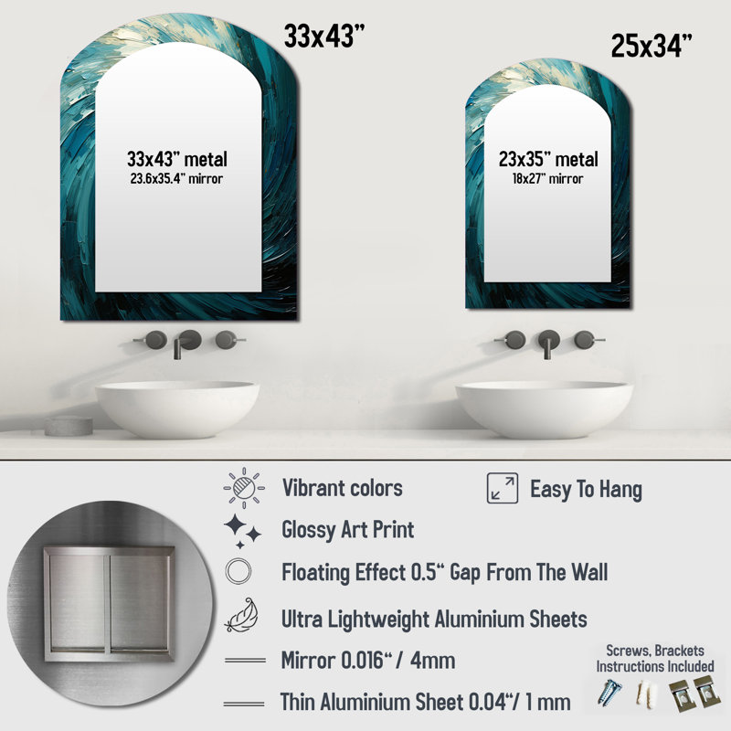 Teal Majestic Motion IV - Miroir décoratif en forme d'arche abstraite sur métal, 34 po x 25 po