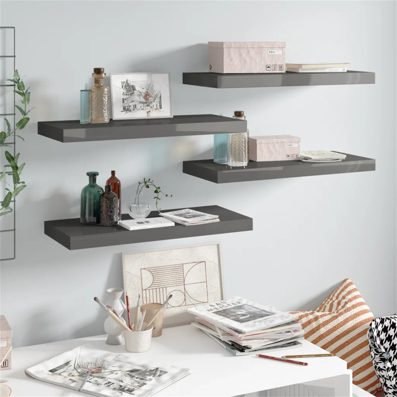 Arsis 4 Piece Metal Floating Shelf, 3.8cm H x 23.5cm W x 120cm D, High Gloss Grey