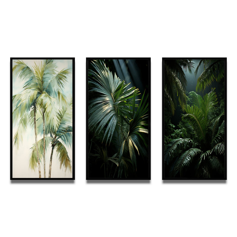«Green Minimalims Palm Trees», 3 pièces sur toile, Cadre flottant noir, H 28 po x l 36 po