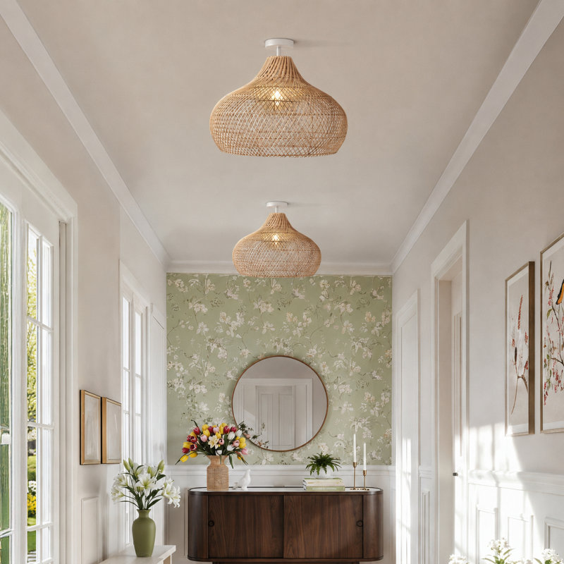 Plafonnier encastré en rotin et en dôme naturel 1 lumière Kloe Rattan, H 10 po x l 14 po x P 14 po