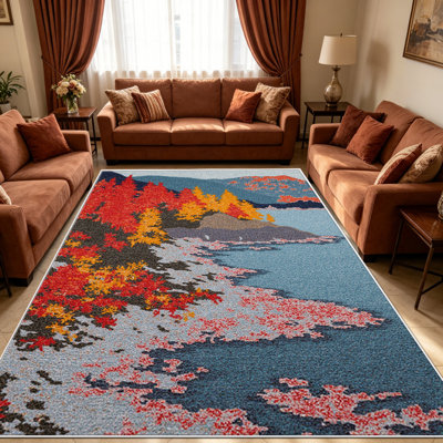 Tapis abstrait bleu et rouge de 1 pièce, élégant tapis décoratif polyvalent, facile à nettoyer et à entretenir, pièce de mobilier idéale pour la chambre à coucher, le salon, le couloir, le vestibule, le dortoir et le bureau afin de rafraîchir l'ambiance intérieure de votre maison