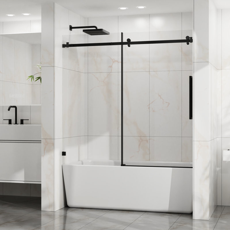 Porte coulissante en verre l 60 po x H 58 po, verre trempé transparent de 1/4 po de 6 mm d'épaisseur, cadre en acier inoxydable, coulissement doux, fonctionnement silencieux, technologie anti-éclaboussures, douche de baignoire noire matte de 6 mm avec