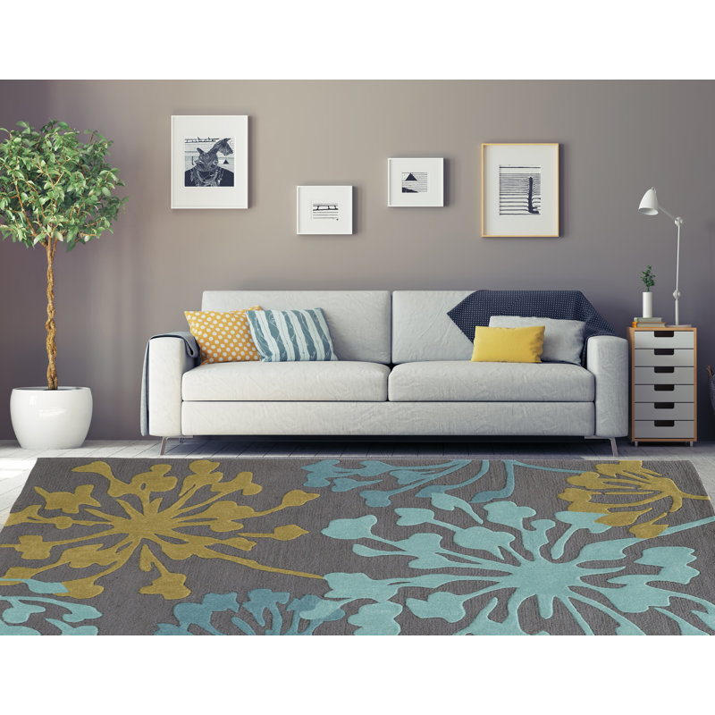 Tapis gris / or / bleu touffeté à la main Marisela, Rectangle 8 pi x 10 pi