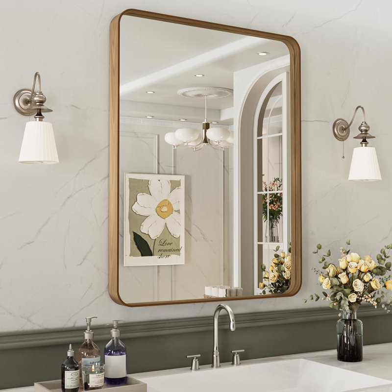 Miroir de salle de bain 28 x 36 avec cadre en métal de couleur grain de bois, miroir de salle de bain rectangulaire arrondi avec cadre en métal, antirouille, se suspend horizontalement ou verticalement