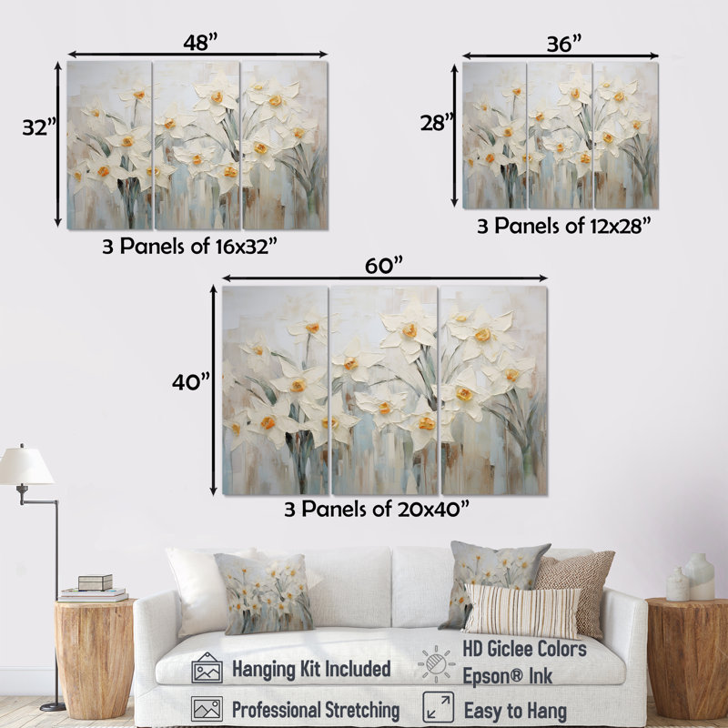 Ensemble de salon Minimalisme - Jonquilles blanches II, H 40 po x l 60 po x P 1 po