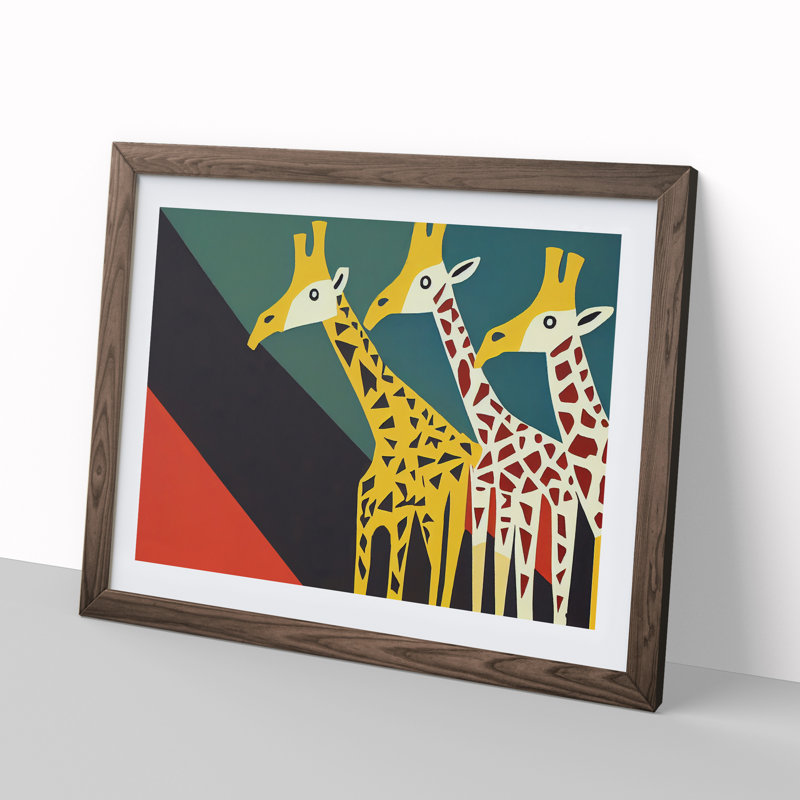 Abstract Giraffes - Single Picture Frame Print, 25cm H x 34cm W x 2cm D, Walnut