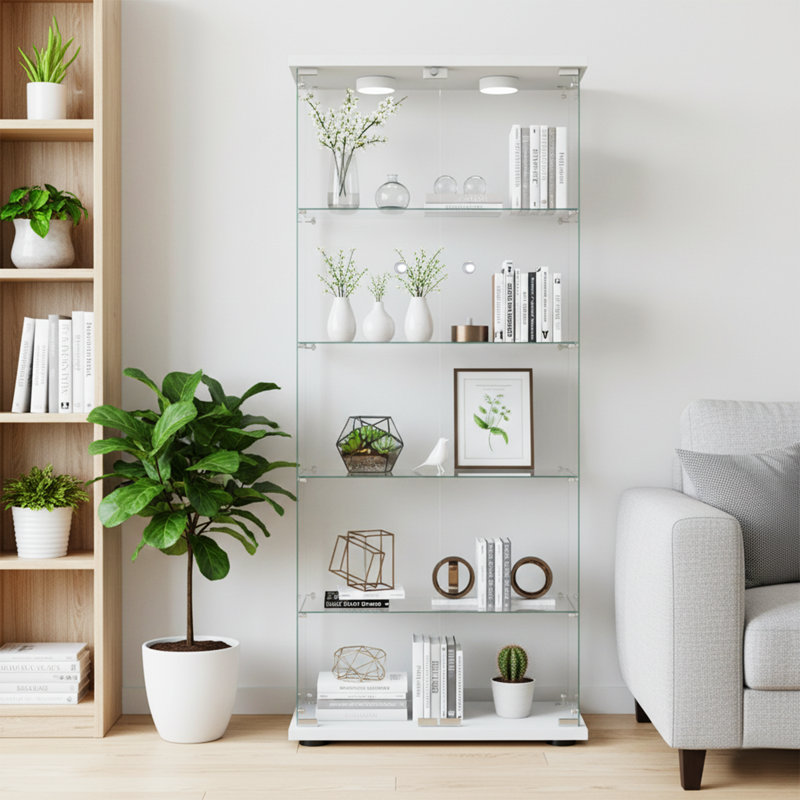 Vitrine en verre trempé à 5 tablettes avec lumière DEL et 2 portes Jabdiel, Blanc