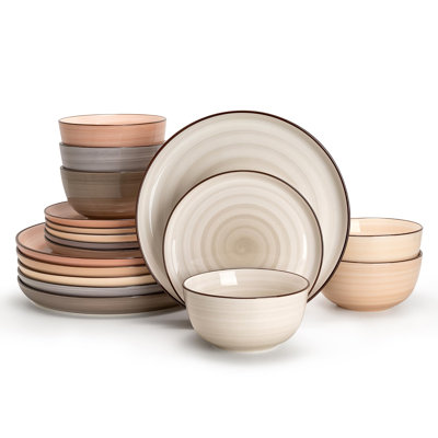Plates And Bowls Sets, Dinnerware Set Porcelain Round Dinner, Scratch Resistant Dishes Set, Dishwasher And Oven Microwave Safe Handpainted Swirl Dishware Sets, 18 Piece, Set For 6, (Neutral Colors)