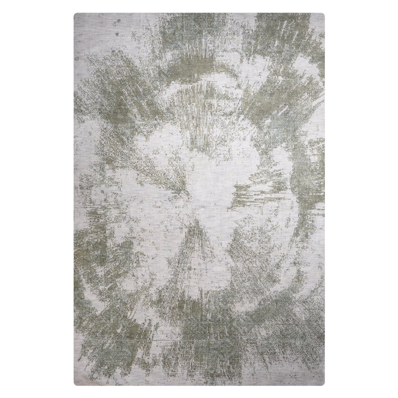 Tapis d'intérieur rectangulaire beige et vert abstrait en laine nouée à la main, Rectangle 9 pi x 12 pi